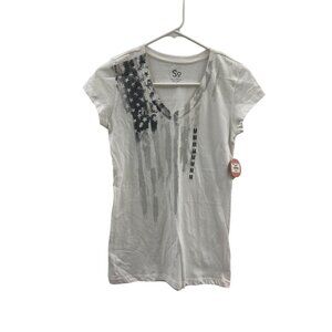 White Womens V-Neck Tee With Abstract Flag Graphic By SO